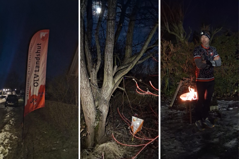 Impressionen vom Kumhausener Nacht-OL: die OLV-Beachflag am Start, Posten im Licht des Vollmonds und Herren-Hauptklassensieger Alexander Hergert (OLV Landshut) beim Warmhalten zwischen den Läufen.
